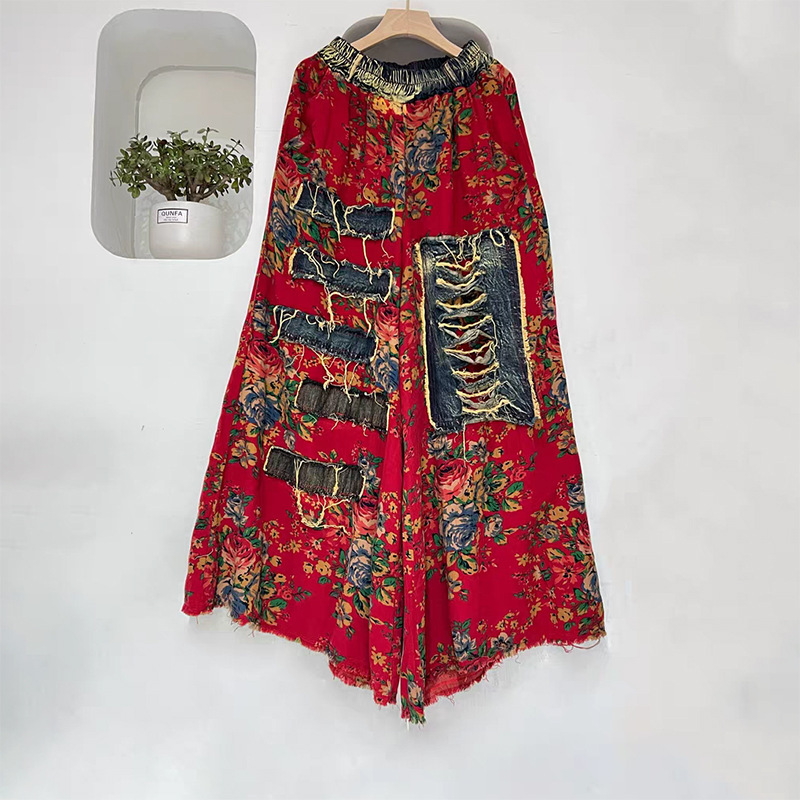 Impresión retro extranjera junta de vaqueros chaleco de piernas anchas pantalones de trapazo de dos piezas para mujeres de verano personalidad set de moda