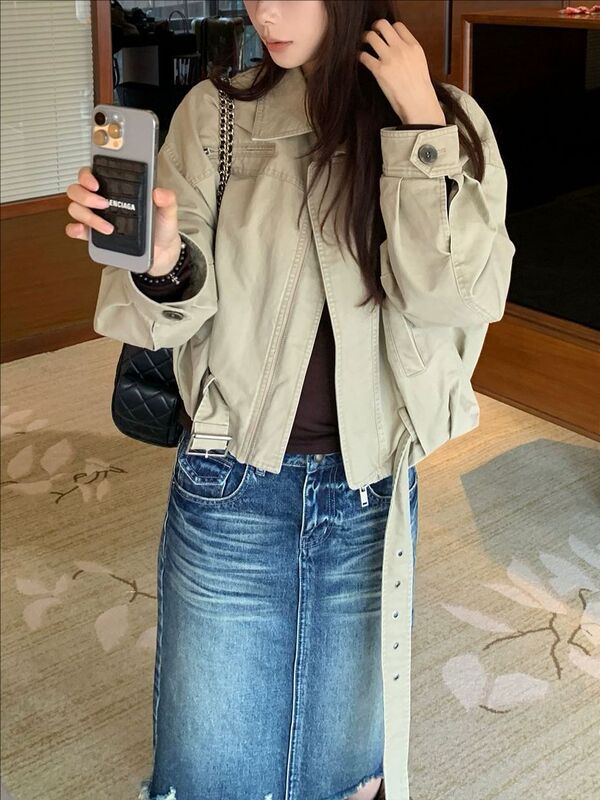 SUNONEOE 短款设计感美式工装外套女早秋季宽松百搭休闲夹克上衣|undefined