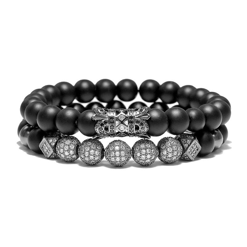 Cross-border men's 8mm diamond pillar hollow zircon ball black frosted stone suit bracelet crown diamond ball bracelet wholesale Cross-border men's 8mm diamond pillar hollow zircon ball black frosted stone suit bracelet crown diamond ball bracelet wholesale