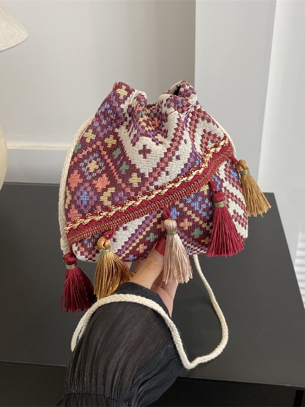 Ethnic Minority Style Women's Bag 2026 New Trendy Fashion Tassel Bucket Bag Ethnic Drawstring Shoulder Crossbody Bag