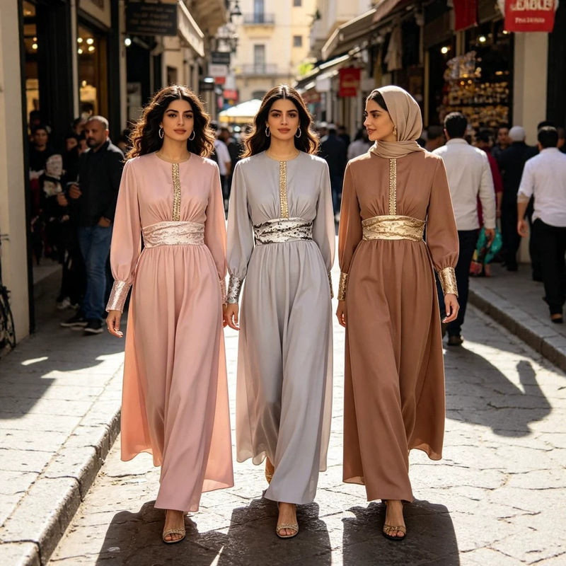 Cross-Border New Model Factory Direct Sale Turkish-Pakistani Women's Fashionable and Elegant Waist-Cinching Long-Sleeve Dress Gown