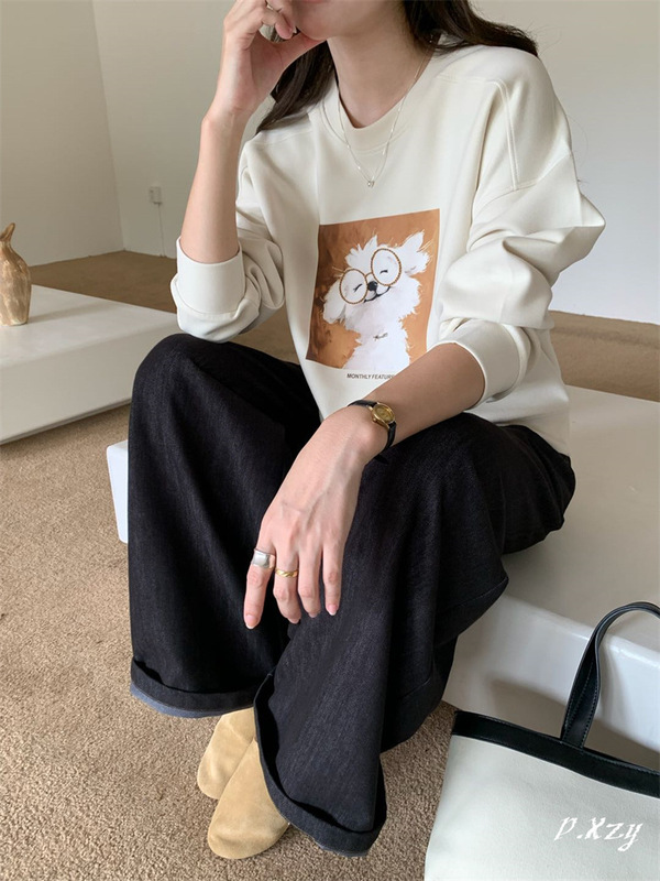 013 慵懒风圆领卫衣女秋季新款薄款休闲卡通长袖女式卫衣百搭外套|undefined