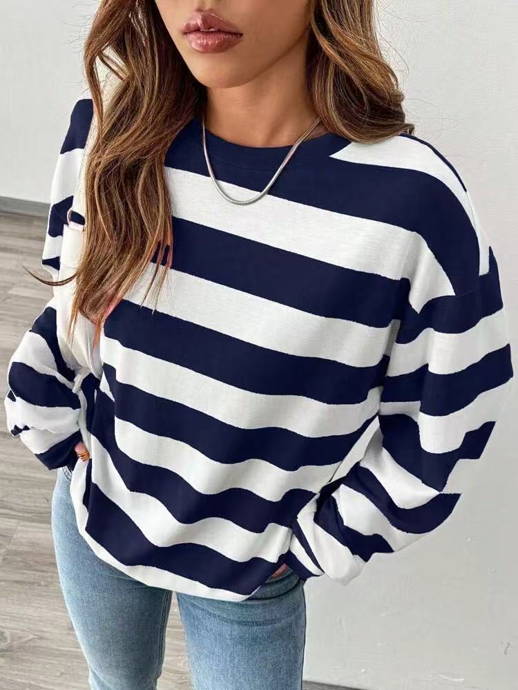 's New Cross-border Loose Striped Long-sleeve T-shirt For Women, Korean Style Versatile Top_ecoleips.com