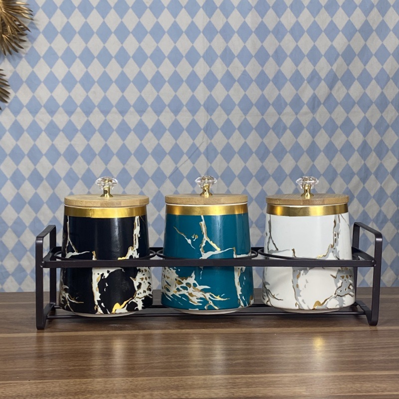 Tanque de condimento de cerámica, tanque de sellado de cocina nórdica, cubierta de madera, tanque de almacenamiento de granos domésticos, conjunto de tanques de almacenamiento de cerámica de lujo ligero