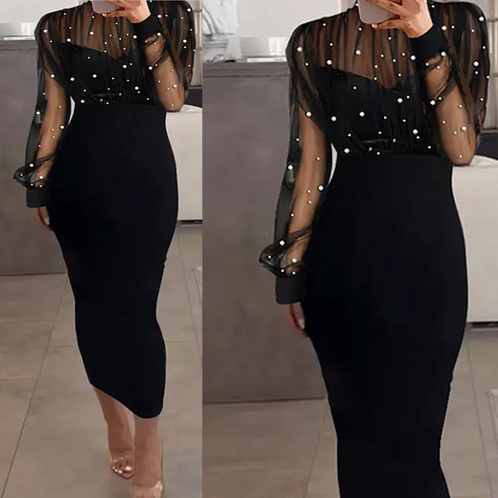 2024 New in stock European and American Cross-border Fashion Trend Mesh Beaded Long-sleeved dress Hip Evening Dress