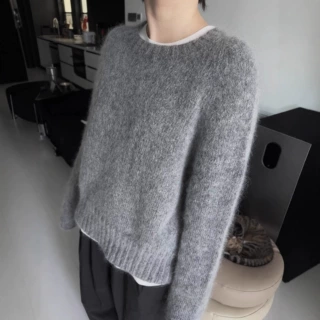 韩版慵懒风长袖羊毛针织衫毛衣女秋季新款马海毛软糯复古打底衫