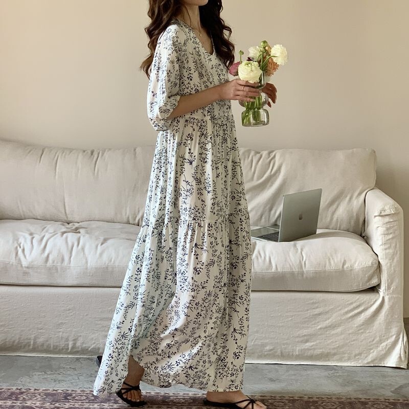 Cotton Silk Nightgown for Women, Summer Sweet Short-Sleeved Dress, Artificial Cotton, Extended Length, Large Size, Cotton Silk Pajamas, Home Wear