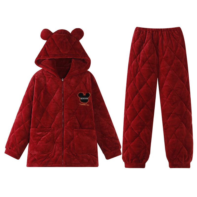 3 층 퀼트 파자마 겨울 후드 카디건 긴팔 두껍게 기모 빨간 가족 년 후드 커플 홈 옷