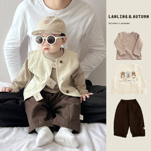 宝宝马甲外套秋装婴儿衣服新款韩范帅气男童洋气条纹打底衫直筒裤