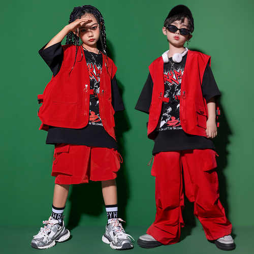 Street hiphop dance Costume for girls boys red cargo pants vest rapper singers  stage performance outfits children stage model show party uniforms for kids