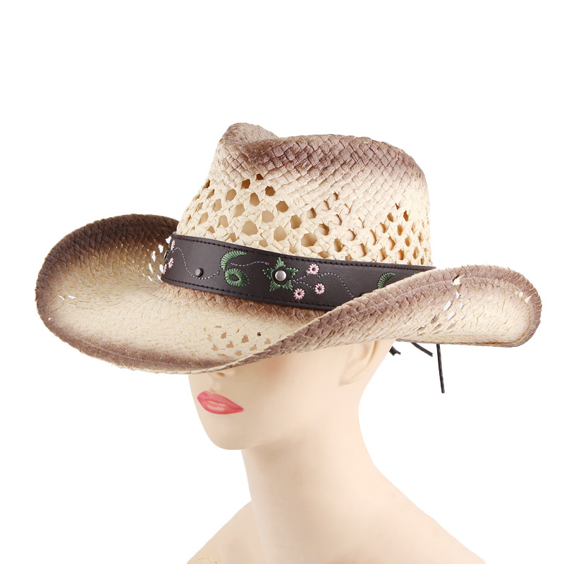 Comercio exterior transfronterizo hueco tejido a mano sombrero de paja para hombres y mujeres sombrero de sol de verano Western Denim sombrero personalizado al por mayor