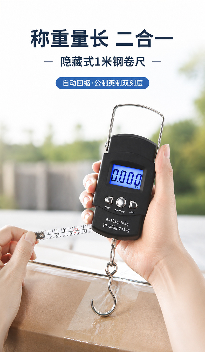 50kg Şerit Mezuralı Taşınabilir El Elektronik Terazisi Şarjlı Model Hızlı Kargo Bagaj Balık Tartısı Mini Asılı Ölçüm Terazisi