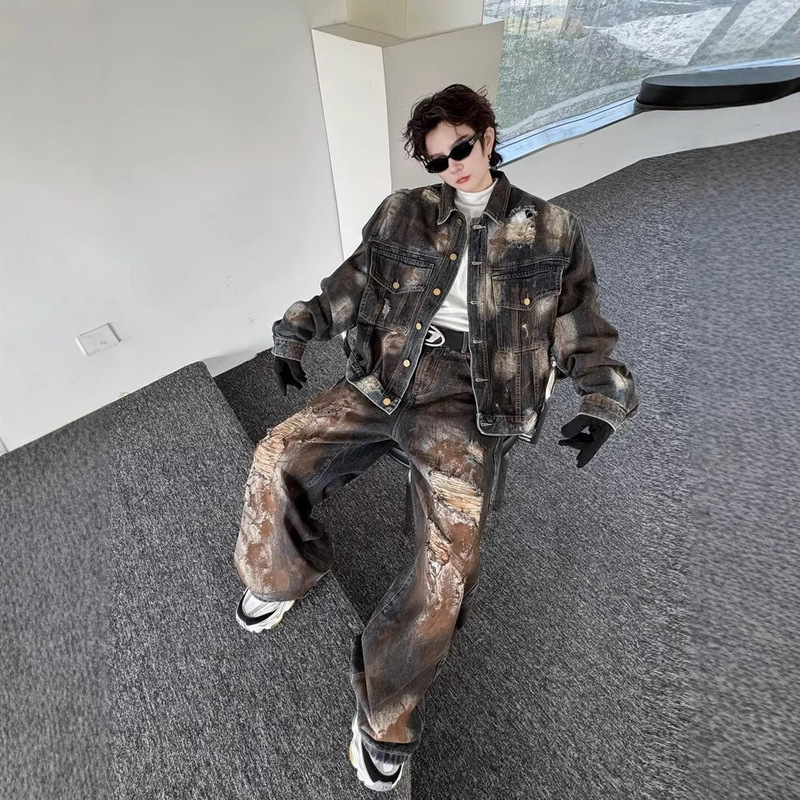 American Style Retro Mud Dirty Washing Waste Soil Wind Hole Denim suit Men's Loose Straight Wide Leg Design Niche Pants