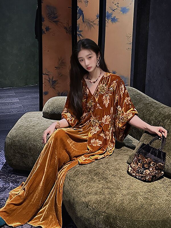 秋季2025新款珠绣丝绒烂花禅意裙国风新中式宽松设计连衣裙 N9026|undefined