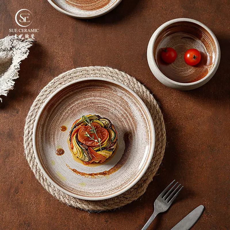 新款赤珀陶瓷餐具四件套碗盘套装家用复古餐厅耐高温日式碗碟套装