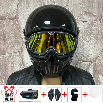 All Seasons, with Bluetooth Function, Motosiklet kaskı (dəbilqə) - bright-black-with-retro-black-gold-goggles-transparent-glasses-included-y10-soft-wheat-m