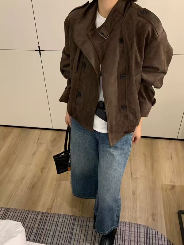 高级感时尚复古麂皮绒短款风衣外套女2025秋新款韩系宽松立领上衣|undefined