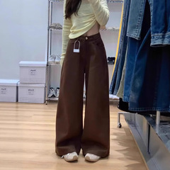 小柄な女性向けのブラウンワイドレッグジーンズ、ストレートレッグパンツ、ハイウエスト、ゆったりとしたドレープ、スリム、カジュアル、多用途、フロアレングスパンツ