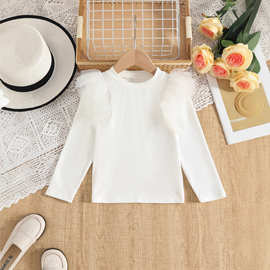 跨境亚马逊2025欧美INS甜美多色女童网纱上衣打底衫小高领长袖T恤