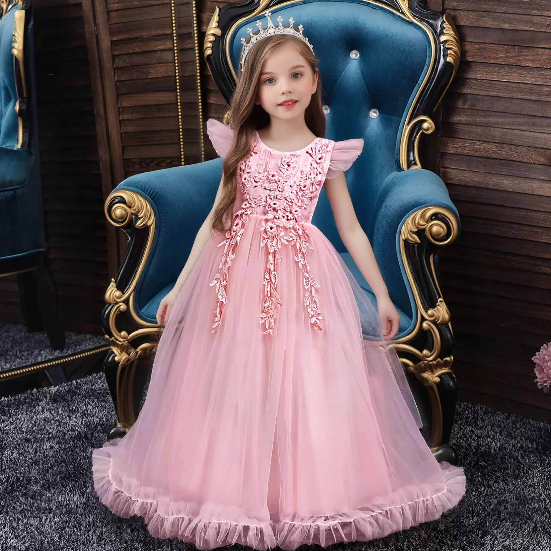 欧美女童晚礼服花童婚纱中大童无袖绣花主持人演出走秀拖地长裙