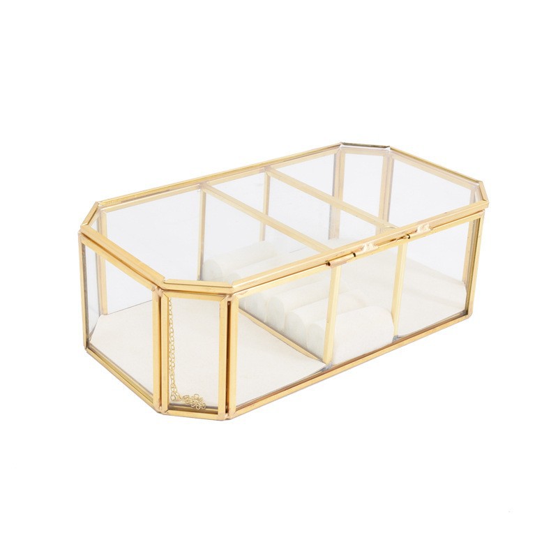 Caja de almacenamiento de joyas de vidrio con borde de cobre dorado hexagonal simple y exquisito, caja de regalo, caja de almacenamiento para el hogar, caja de almacenamiento de perlas