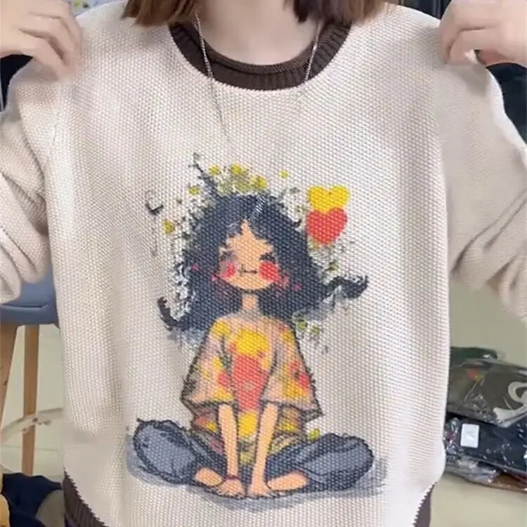 [Original Quality] 2025 Spring & Fall Slimming Look Knitwear Printed Knitwear Loose and Fashionable Round Neck to Reduce Age and Slimming Look