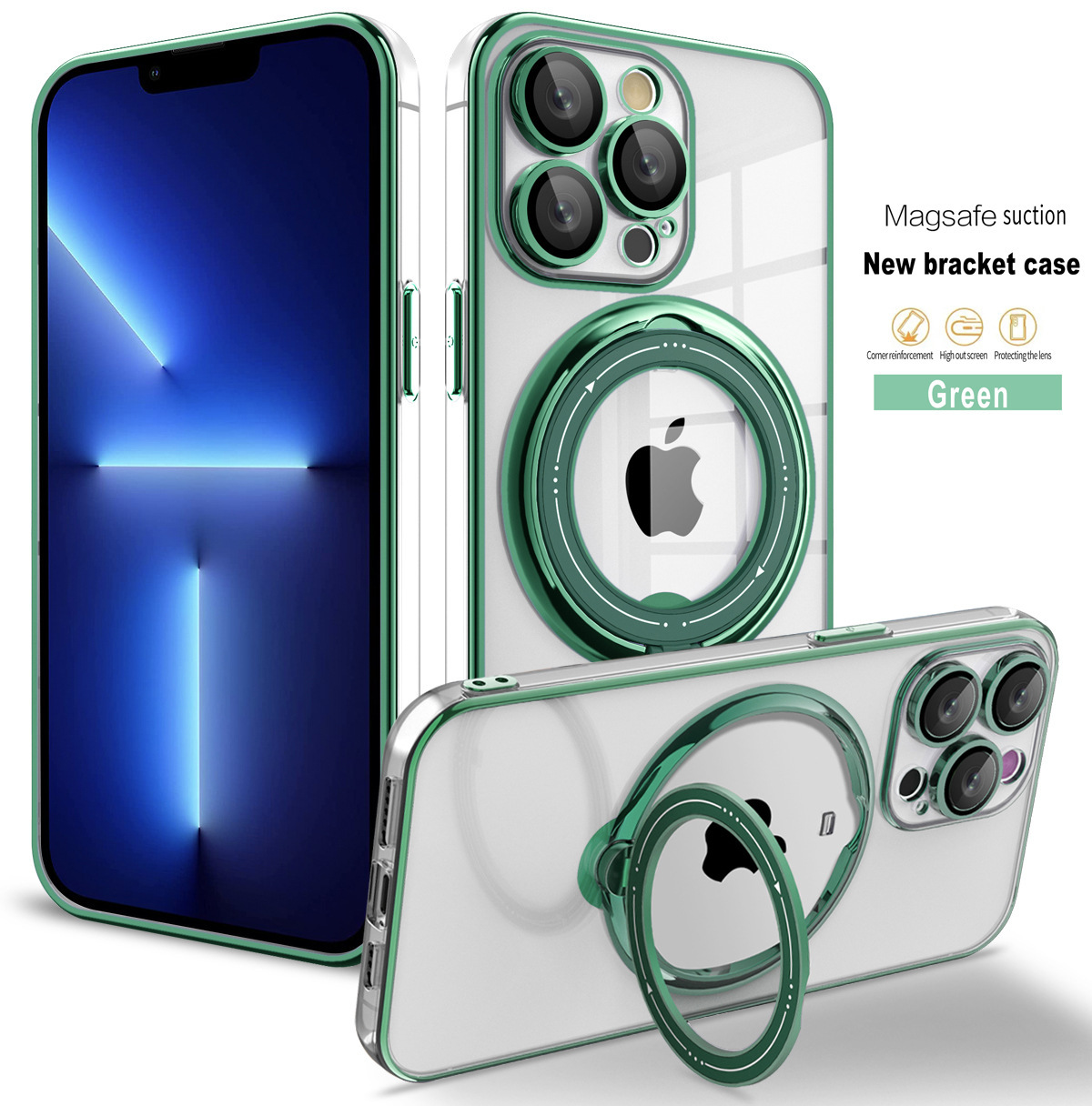 Funda Protectora para iPhone 16 con Soporte Giratorio, Funda Magnética Transparente Galvanizada para Apple 15 Pro, Protección de Lente 3 en 1 para iPhone 14