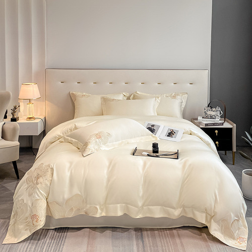 Light Luxury 60-count Long-staple Cotton Pure Cotton Four-piece Set Simple Embroidery Solid Color Duvet Cover Bed Sheet All-Cotton Bed Skirt Bedding