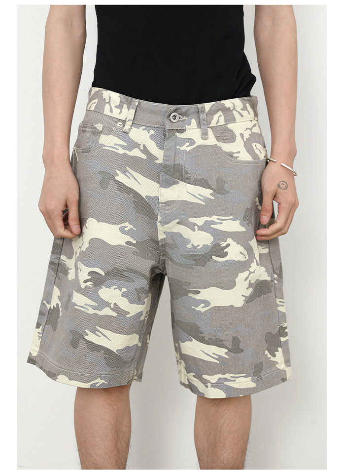 Quần short nam denim họa tiết rằn ri phong cách công sở đi biển — Màu trắng, Màu đen, Màu đất gỉ sét, Ngụy trang màu mơ chi tiết 13
