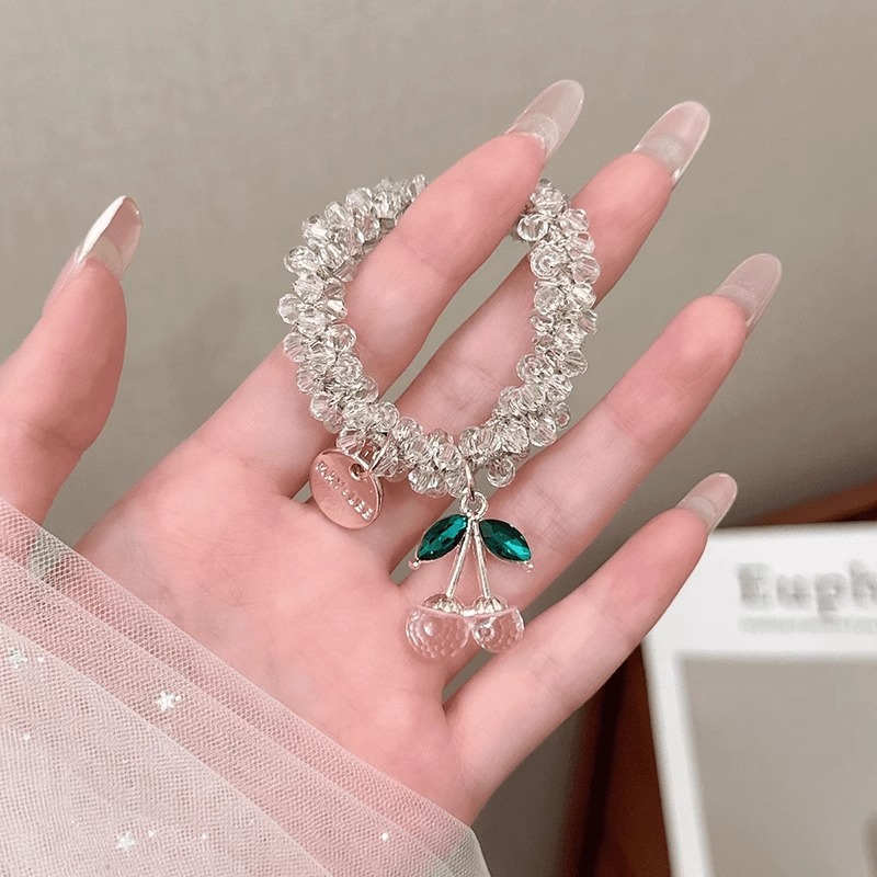 Se puede usar como lazo para el cabello de la pulsera. Cuerda para el cabello de cereza de diamantes de imitación de color de doble uso, cuerda para la cabeza de alta elasticidad y duradera, banda elástica de cola de caballo