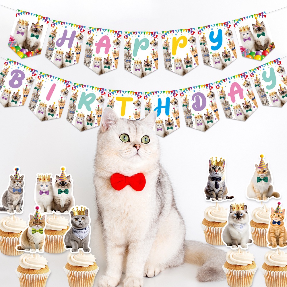 Nueva decoración de fiesta de cumpleaños para gatos con bandera de tracción para mascotas con tema de decoración de cumpleaños para tarjetas de pastel