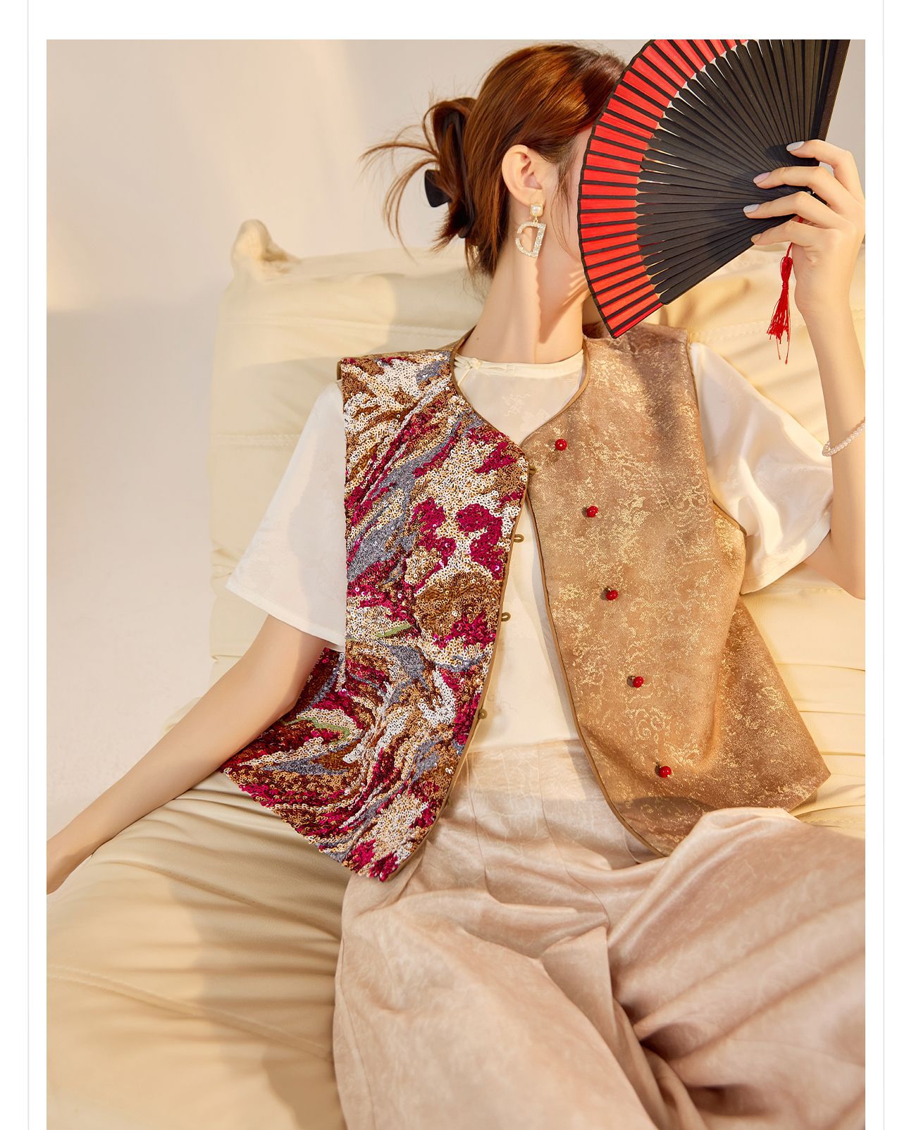 Áo vest nữ phong cách Trung Hoa mới 2026, thiết kế thêu sequin, chất rayon sang trọng — Đen, Màu huyền ảo, Xanh lam chi tiết 3