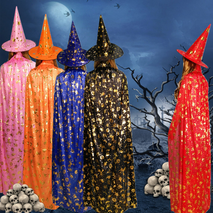 Halloween Cape for Children and Adults, Costume Party Outfit, Witch Pumpkin Gold-Stamped Cape Set with Hat