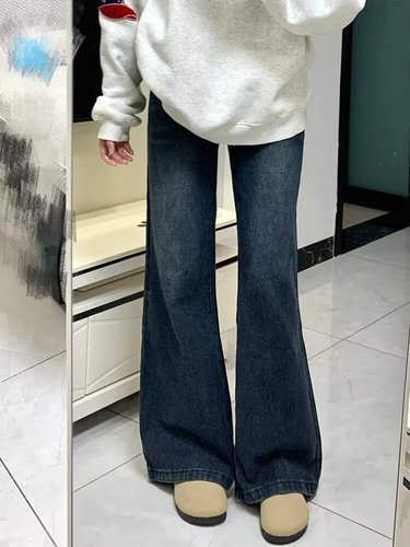 Deep Blue Fleece Lined Flared Jeans for Women - Autumn/Winter Style, Loose Fit, Non-Stick, Slim Straight Leg Flared Pants