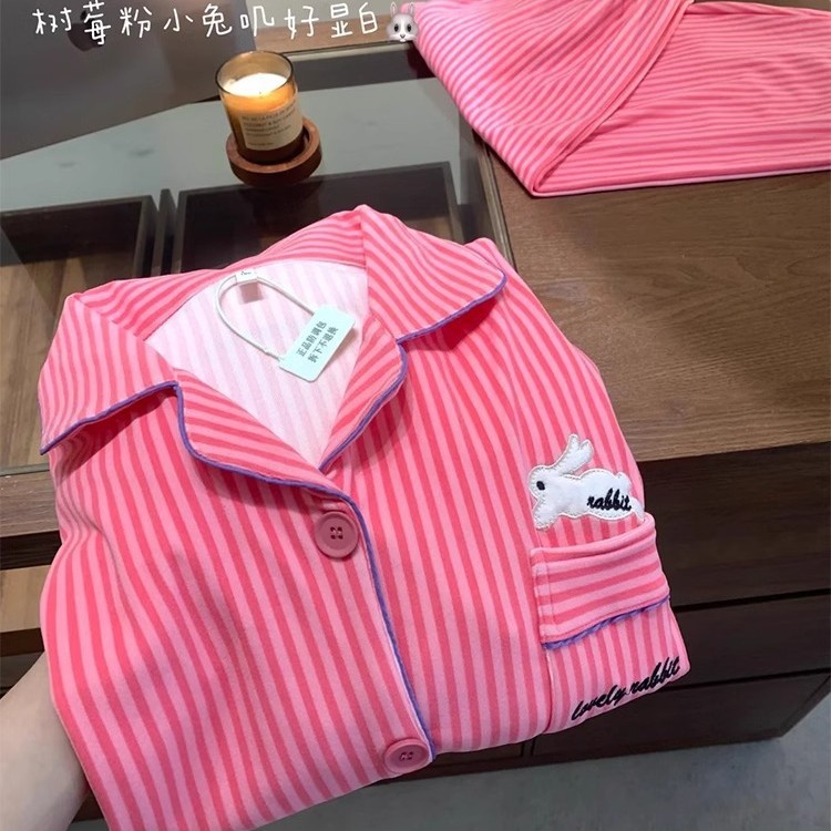 德绒睡衣女秋冬季款长袖保暖加厚可爱兔兔甜美条纹女士家居服套装