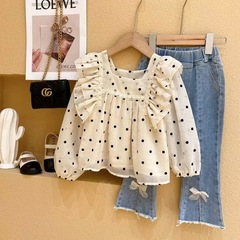 Girls' Polka Dot Shirt Set 2023 Spring and Autumn New Style Sparkling Shirt for Children and Fashionable Two-piece Set