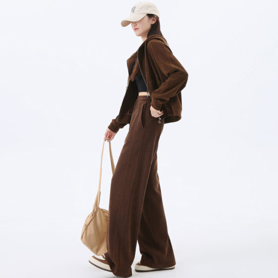 Sports Suit Women's Spring and Autum Hooded Sweatshirt Cardigan Slimming Look 2025 New Casual Chenille Wide-Leg Pants