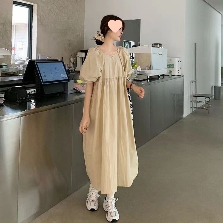 Stylish maternity dress with puff sleeves, over-the-knee long skirt, summer dress, forest-style gentle babydoll dress, thin apricot color Stylish maternity dress with puff sleeves, over-the-knee long skirt, summer dress, forest-style gentle babydoll dress, thin apricot color