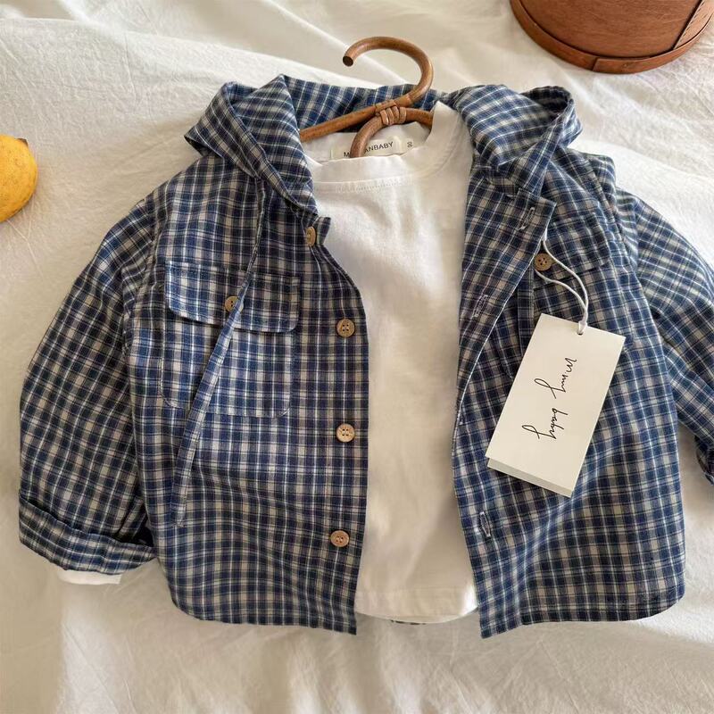 Children's Hooded Coat 2025 Spring and Autumn New Boys' Casual Top Trendy Baby Plaid Hooded Shirt Women's Western Style
