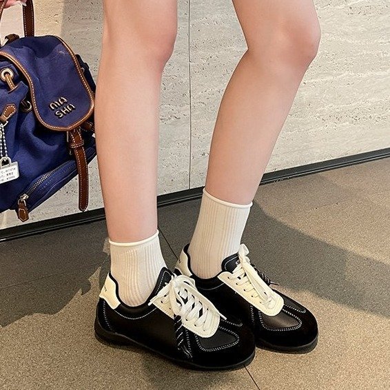 羊皮版~5CM内增高德训鞋女2025新款拼色系带运动鞋平底休闲阿甘鞋|undefined