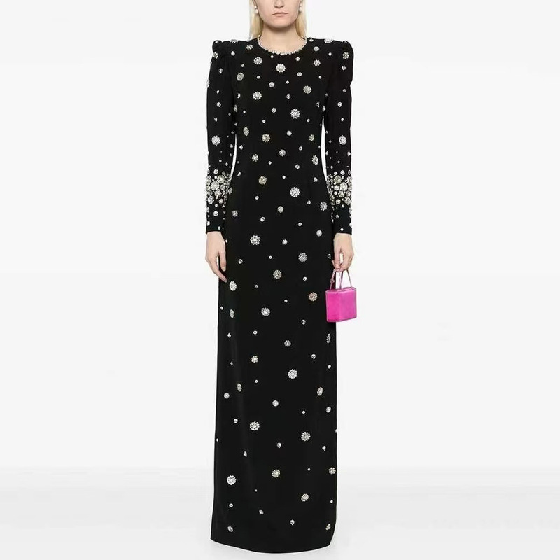 Europe and the United States cross-border new high-end luxury heavy industry nail drill diamond long sleeve socialite style banquet dress bandage dress Europe and the United States cross-border new high-end luxury heavy industry nail drill diamond long sleeve socialite style banquet dress bandage dress