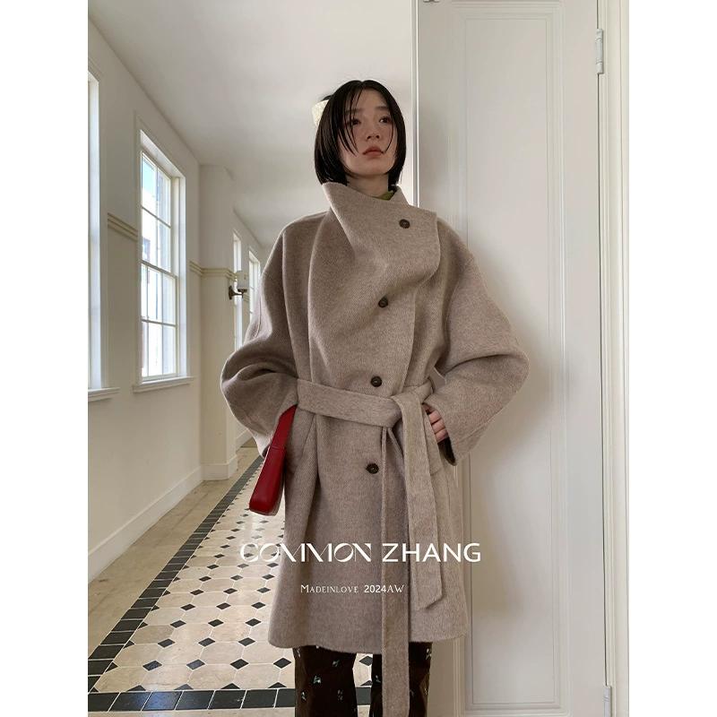 Зимняя лента ZHANG Loose High Neck Wind Lace-up Waist Double-Side Wool Wool Coat Women's A49057-1
