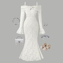 欧美女童装秋冬新款一字领露肩喇叭袖时尚优雅抹胸包臀蕾丝连衣裙