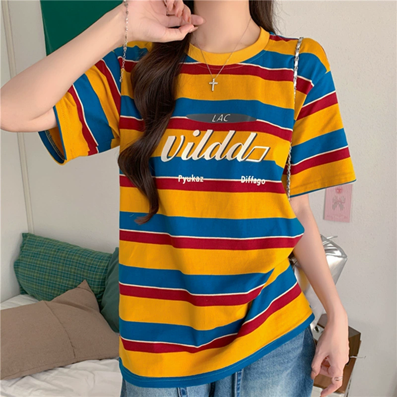 2025新款夏潮牌复古撞色条纹短袖T恤女oversize美式慵懒休闲上衣