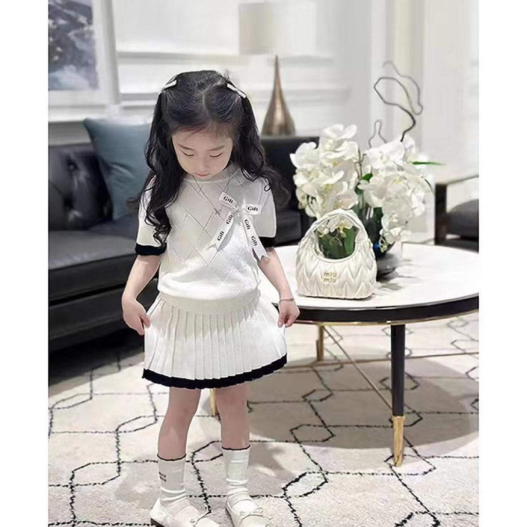 DX50 Girls' Bow-Knitted Short-Sleeve Knitted Short-Sleeve Summer Korean Style Elegant Baby Hollow-Out Thin Princess Set