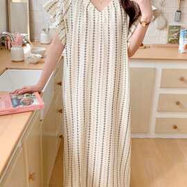 源头工厂夏季条纹睡裙女 韩系V领长款透气棉纱家居服