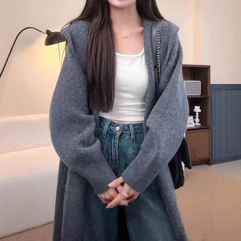 Kaning Lazy Hooded Long Knitted Cardigan for Women 2026 Autum New Women's Over-The-Knee Sweater Long Outwear for Women