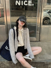 仿马海毛灰色复古短款毛衣开衫女春季2025新款小个子圆领针织上衣