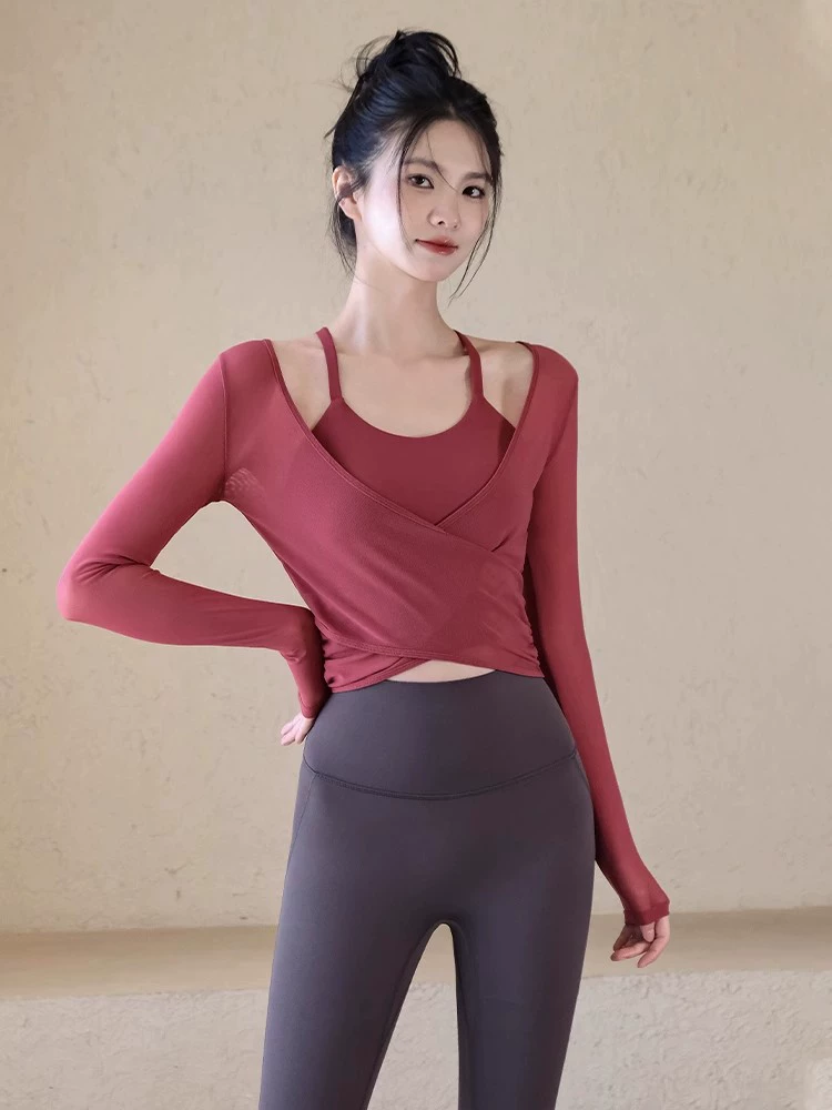 Demi-season yoga clothing, hair band, sports top with cups, long-sleeve, set for training for gym