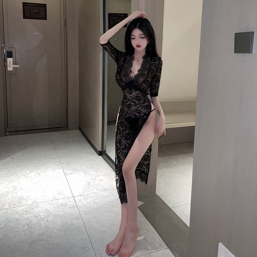 New sexy lingerie cross-border foreign trade sexy hot lace slit V-neck long nightgown slim uniform wholesale